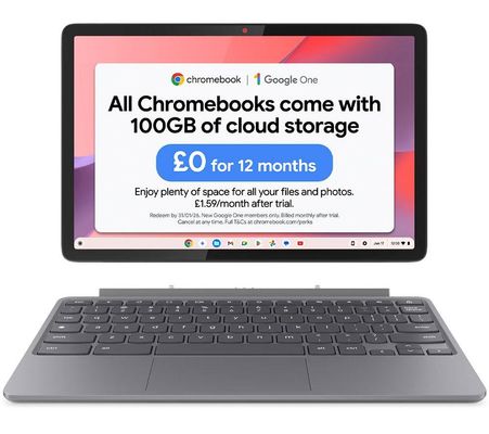 LENOVO Duet 10.95" 2 in 1 Chromebook - MediaTek Kompanio 838, 128 GB eMMC, Grey, Silver/Grey