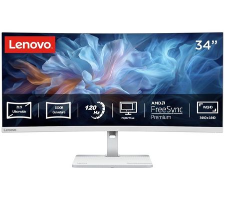 LENOVO L34W-4C Ultra-Wide Quad HD 34 Curved VA Monitor - Grey, Silver/Grey - Thumbnail 2