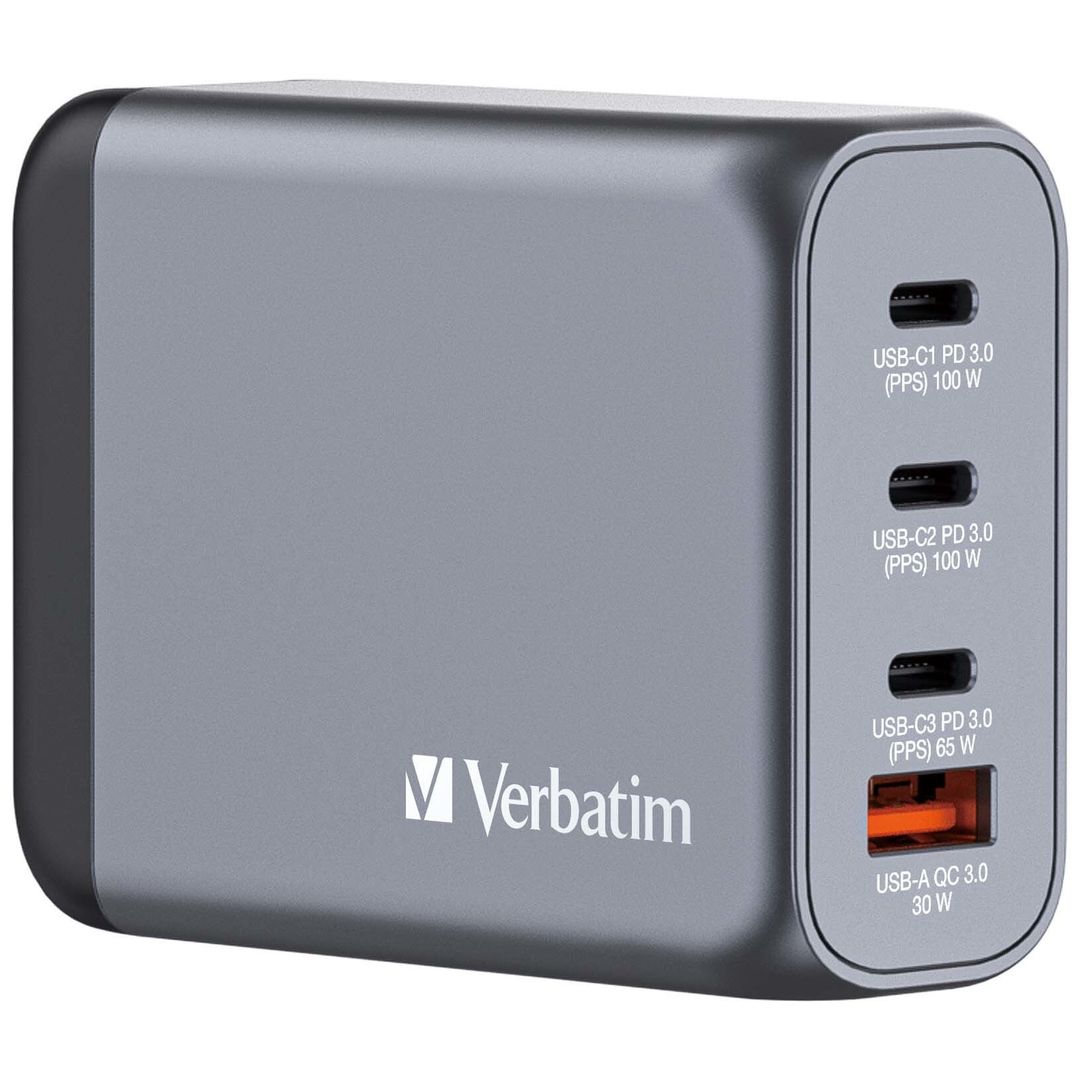 Verbatim GNC-100 GaN Charger 100W with 2 x USB-C PD 100W / 1 x USB-C PD 65W / 1 x USB-A QC 3.0 (EU/UK/US) - Image 1