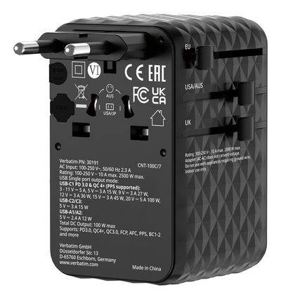 Verbatim Charge 'n' Travel 100W Universal Travel Adapter wit