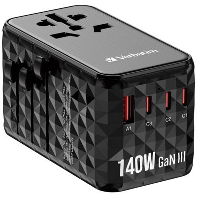 Verbatim UTA-10 140W GaN III Universal Travel Adapter with 2 x USB-C P