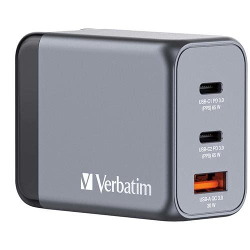 Verbatim GNC-65 GaN Charger 65W with 2 x USB-C PD 65W / 1 x USB-A QC 3.0 (EU/UK/US) - Image 1