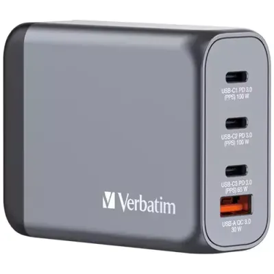 Verbatim GNC-100 GaN Charger 100W with 2 x USB-C PD 100W / 1 x USB-C PD 65W / 1 x USB-A QC 3.0 (EU/UK/US) - Thumbnail 3