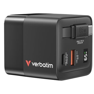 Verbatim GaN Charger 65W 2 Port retractable cable display US plugs wit