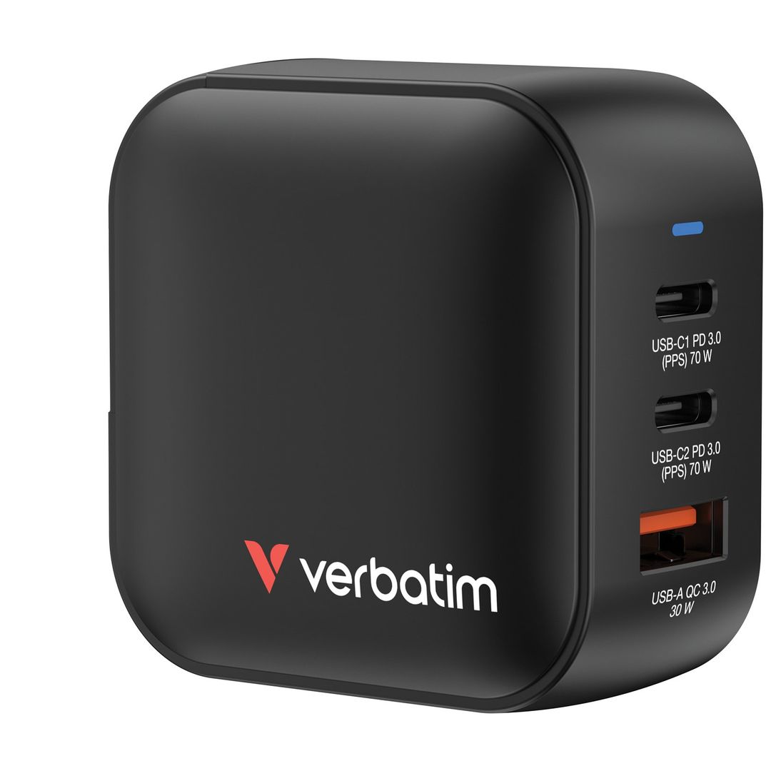 Verbatim Mini GaN Charger 70W 3 Port US plug with EU and UK adaptors - Image 1