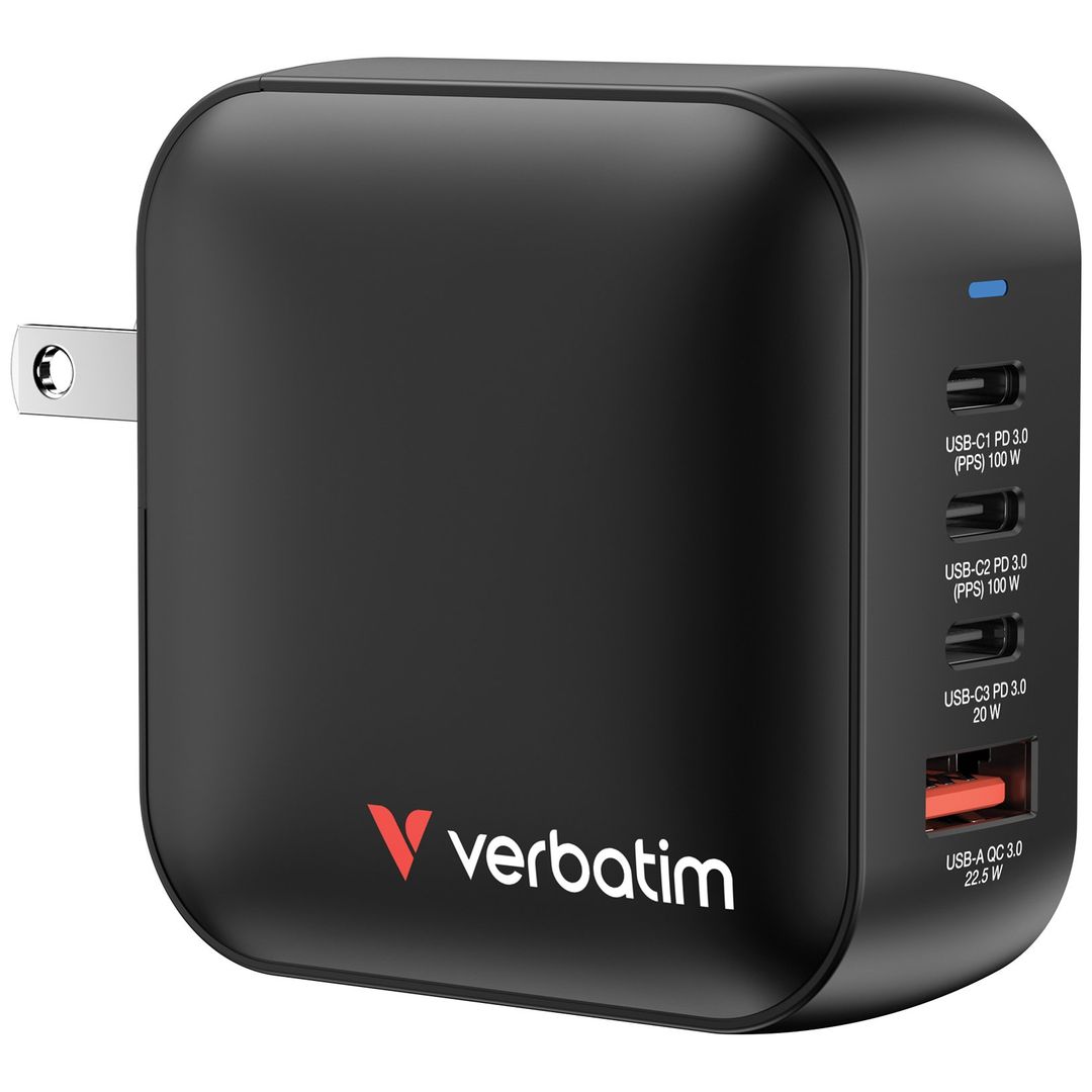 Verbatim Mini GaN Charger 100W 4 Port US plug with EU and UK adaptors - Image 1