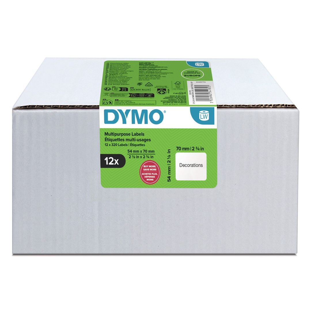 DYMO Authentic LabelWriter Multi-Purpose Labels | 54 mm x 70 mm | Self Adhesive | 12 Rolls of 320 Easy-Peel Labels (3,840 Count) | for LabelWriter Label Makers | Made in Europe - Image 1