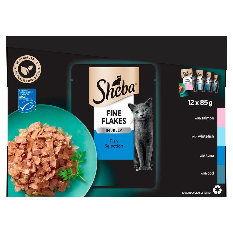 Sheba Fine Flakes Fish Selection In Jelly Cat Food Pouches 12 x 85g - Image 1