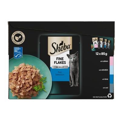 Sheba Fine Flakes Fish Selection In Jelly Cat Food Pouches 12 x 85g - Thumbnail 2