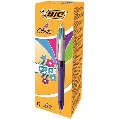 BIC 4 Colours Grip Blue Green Pink Purple Clip-on retractable ballpoint pen Medium 12 pc(s) - Image 1