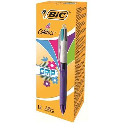 BIC 4 Colours Grip Blue Green Pink Purple Clip-on retractable ballpoint pen Medium 12 pc(s)