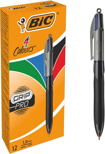 BIC 4 Colours Grip Pro Black Blue Green Red Clip-on retractable ballpoint pen Medium 12 pc(s)