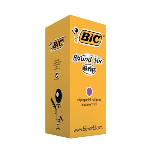 Bic Round Stic Grip Ballpoint Pen 1Mm Tip 0.32Mm Line Purple (Pack 40) - 920412 - Image 1