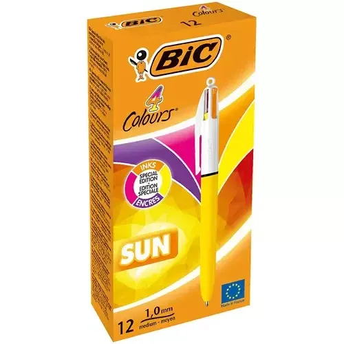 Bic 4 Colours Sun Sunny Yellow Barrel Ballpoint Pen 1.0mm Tip 0.32mm Line Pink/Purple/Orange/Yellow Ink (Pack 12) - 982871 - Image 1