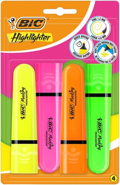 Bic Highlighter Pen with Clip Chisel Tip 1.7-4.8mm Assorted Colours (Pack 4) - 943652