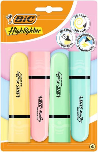 Bic Tank Highlighters Chisel Tip 1.2mm Pastel Yellow Pink Green &amp; Blue Colours (Pack 4) - 517953
