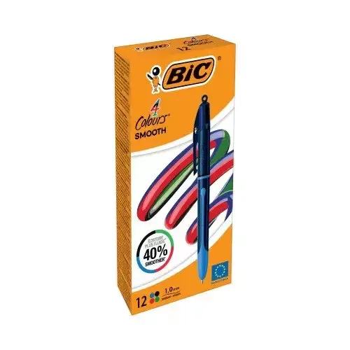 Bic 4 Colours Smooth Black Barrel Ballpoint Pen 1.0Mm Tip 0.32Mm Line Black/Blue/Green/Red Ink (Pack 12) - 524095 - Image 1
