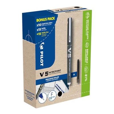 Pilot V5 Hi-Tecpoint Liquid Ink Rollerball Pen 0.5Mm Tip 0.3Mm Line Black Greenpack (Pack 10 + 30 Refills) - 3131910556237