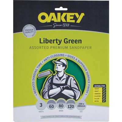 Oakey 63642584727 Liberty Green Aluminium Oxide Sheets 230 X 280Mm Assorted (3)