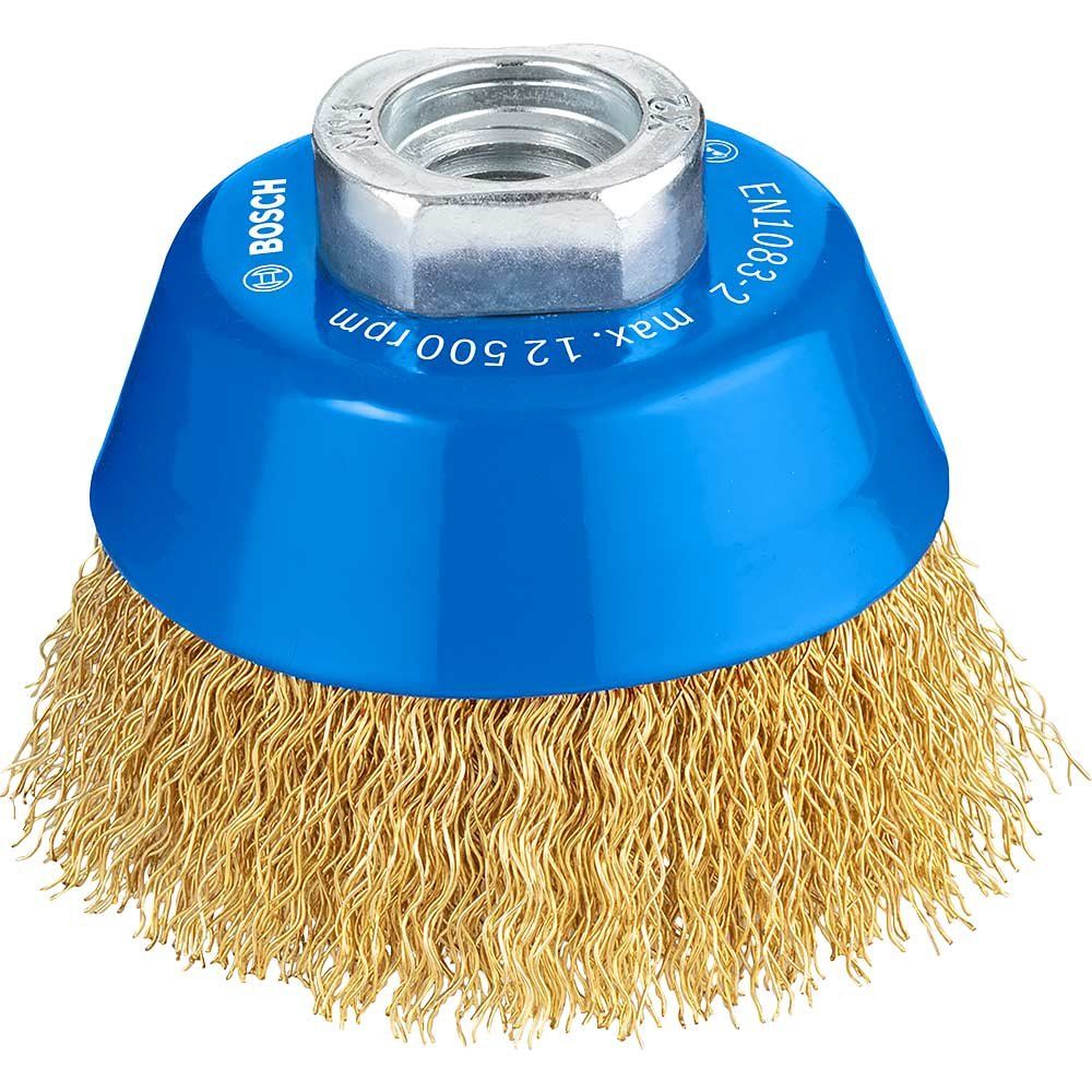 Bosch PRO 0.3mm Crimped Brass Coated Wire Cup Brush 70mm M14 Thread - Image 1
