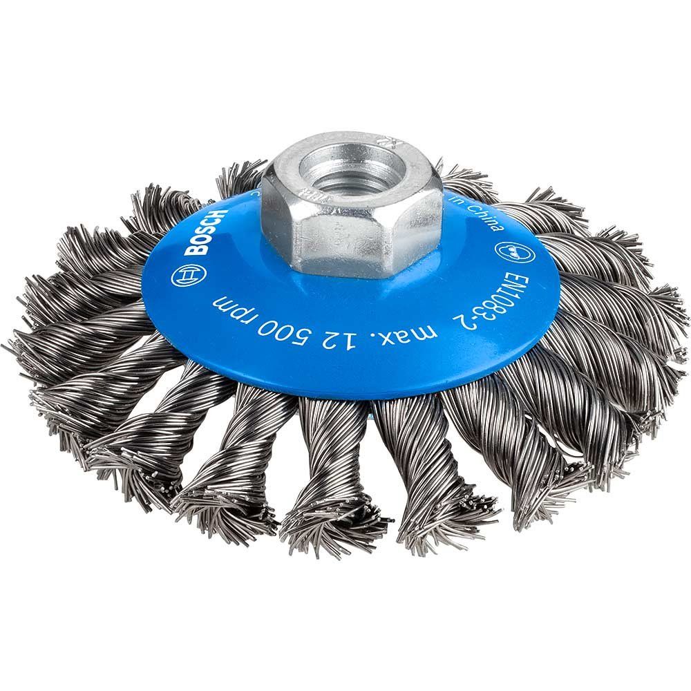 Bosch PRO 0.5mm Knotted Conical Steel Wire Wheel Brush 100mm M14 Thread - Image 1
