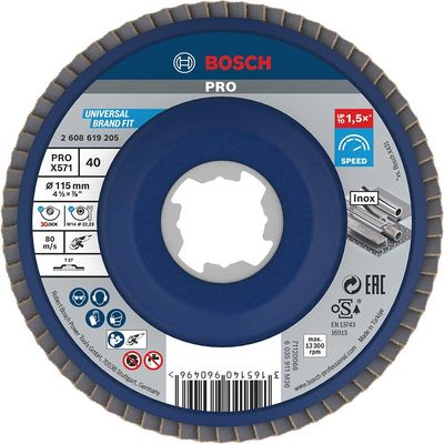 Bosch PRO X Lock Zirconium Abrasive Straight Flap Disc 115mm 40g Pack of 1