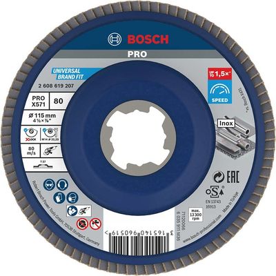 Bosch PRO X Lock Zirconium Abrasive Straight Flap Disc 115mm 80g Pack of 1