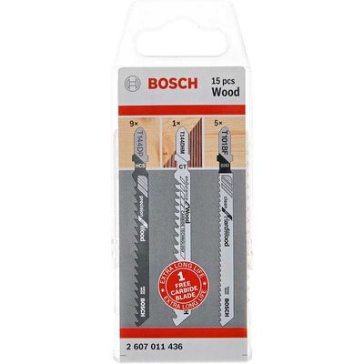 Bosch 15 Piece Assorted Wood Jigsaw Blades Set + FOC Carbide Blade