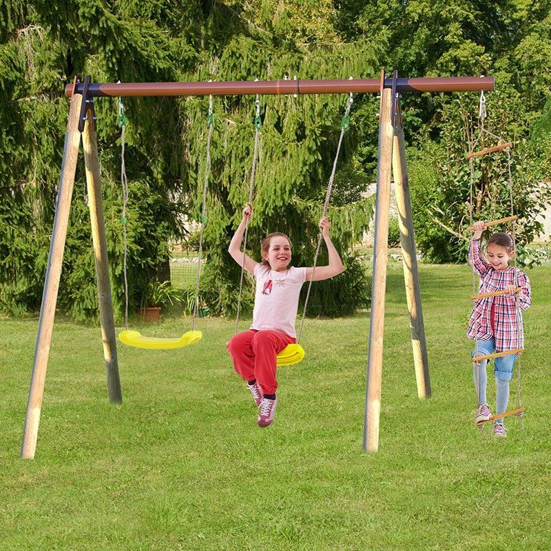 Trigano Piki Kids Wooden Double Garden Swing with Rope Ladder - Image 1