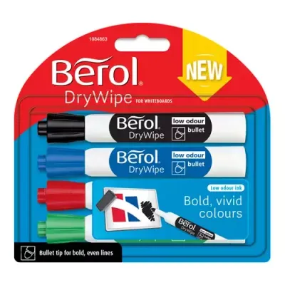 Berol Dry Wipe Whiteboard Pens Bullet Tip Black Blue Red & Green (