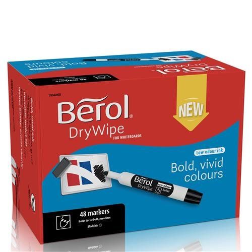Berol Dry Wipe Whiteboard Marker Bullet Tip 2mm Line Black (Pack 48) - 1984868 - Image 1