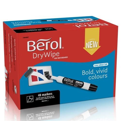 Berol Dry Wipe Whiteboard Marker Chisel Tip 2-5mm Line Black (Pack 48) - 1984887 - Image 1