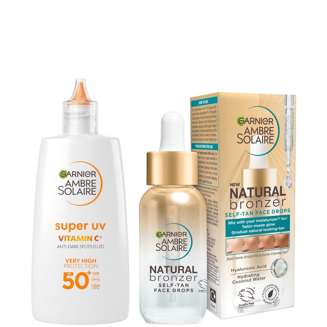 Garnier Glow and Protect Duo: Natural Bronzer Self-Tan Drops and Ambre Solaire Vitamin C Facial SPF50+ Fluid - Image 1