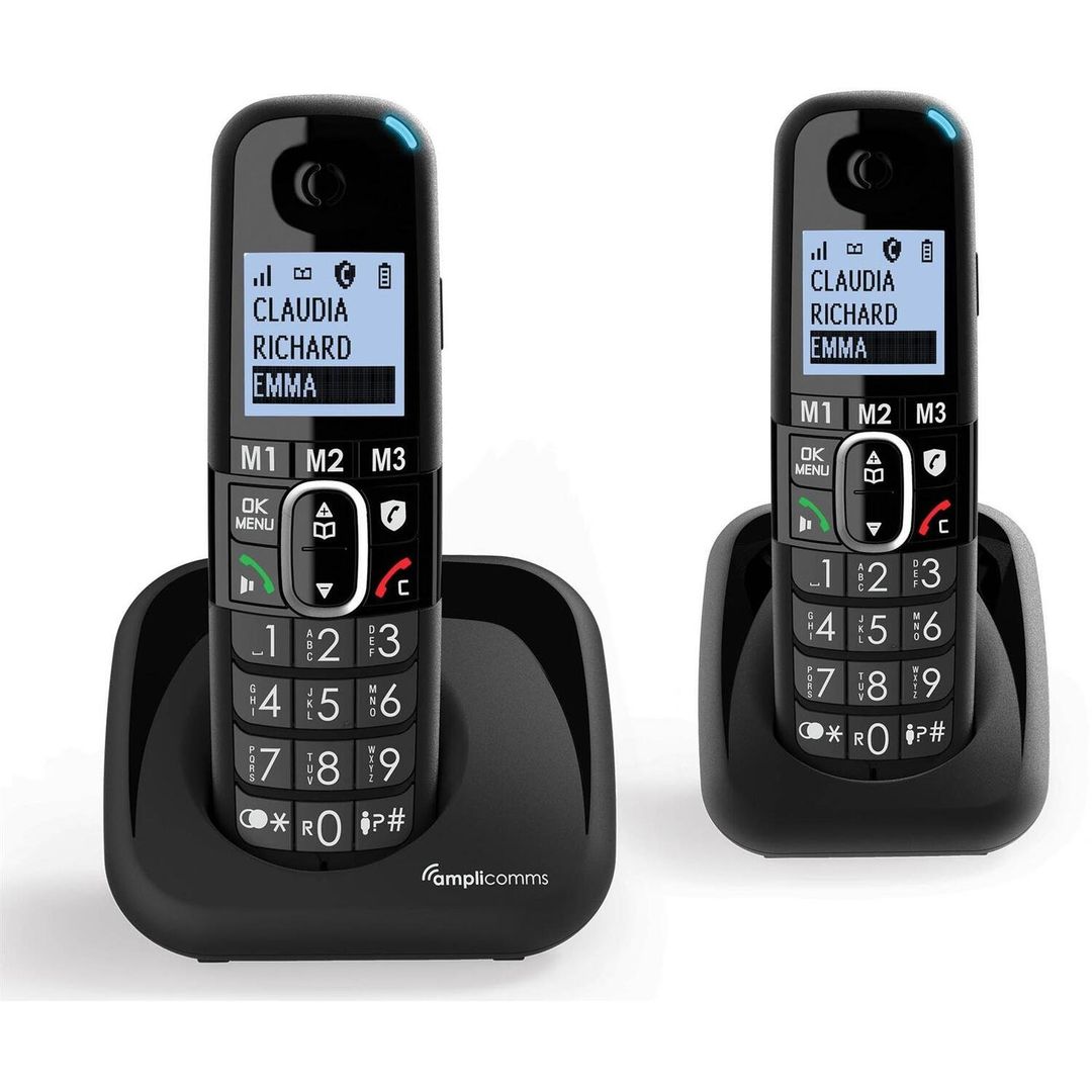 AMPLICOMMS BigTel 1502 Duo Cordless Phone - Twin Handset, Black, Black - Image 1