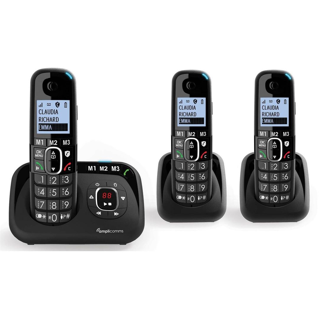 AMPLICOMMS BigTel 1583 Cordless Phone - Triple Phone, Black, Black - Image 1