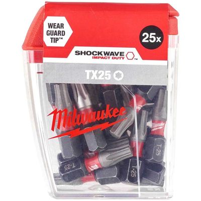 Milwaukee Shockwave Impact Duty Torx Screwdriver Bits TX25 25mm Pack of 25