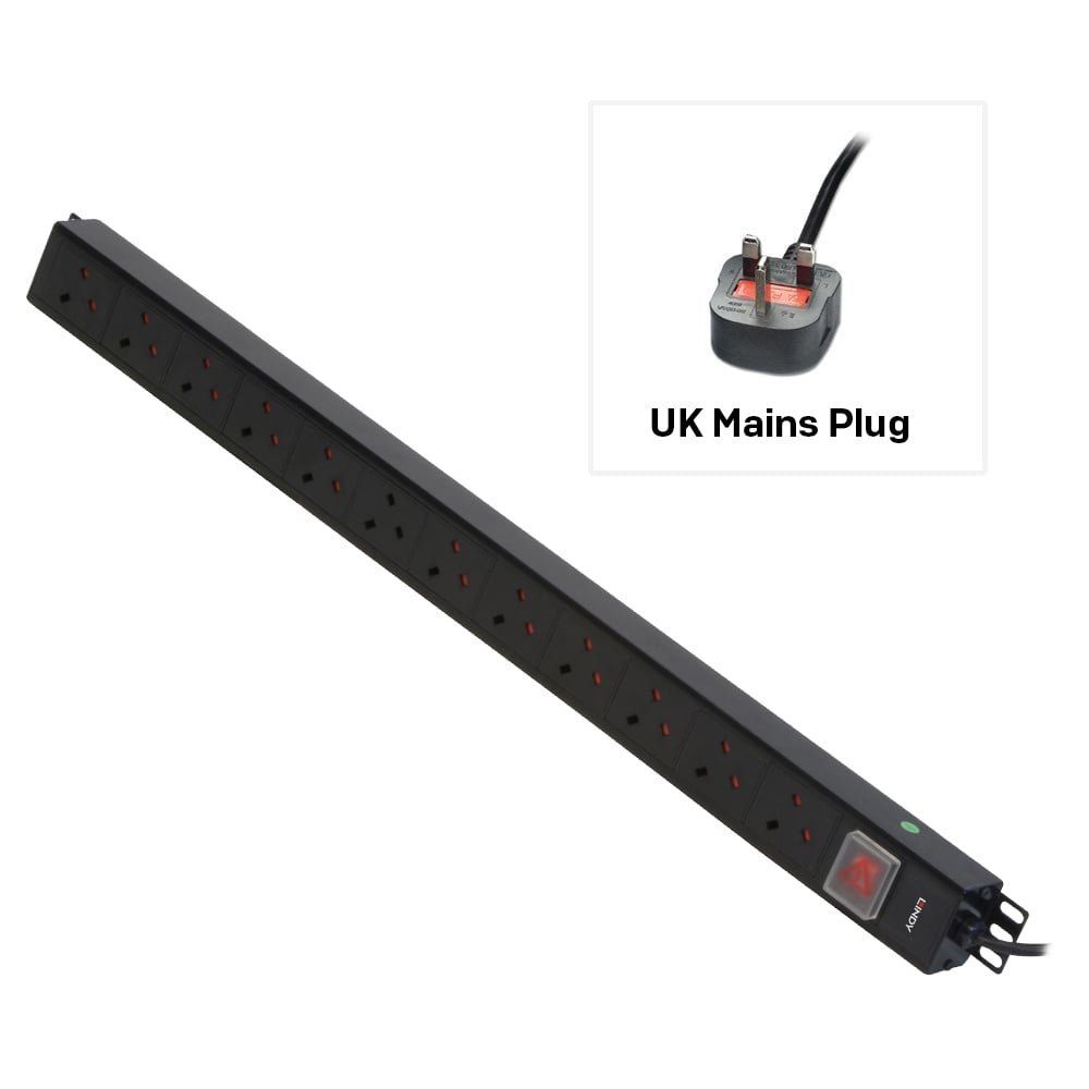 Lindy 12 Way UK Mains Sockets, Vertical PDU with UK Mains Plug - Image 1