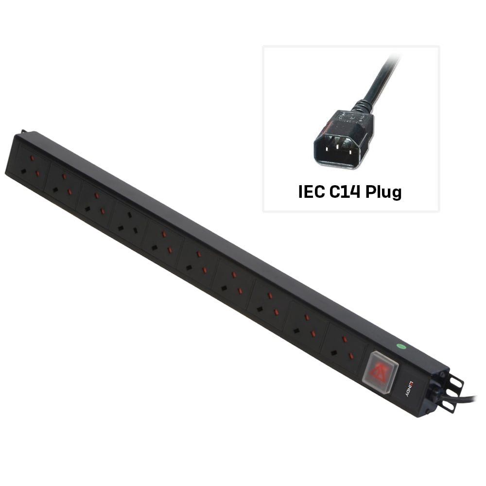 Lindy 10 Way UK Mains Sockets, Vertical PDU with IEC Mains Cable - Image 1