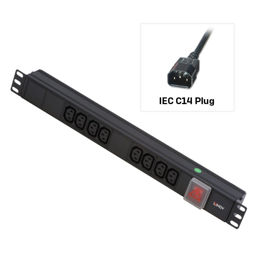 Lindy 1U 8 Way IEC Sockets, Horizontal PDU with 3m IEC Mains Cable - Image 1