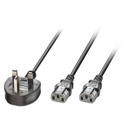 Lindy 2.5m UK 3 Pin Plug to 2 x IEC C13 Splitter Extension Cable. Blac