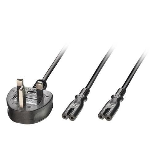 Lindy 2.5m UK 3 Pin Plug to 2 x IEC C7 Splitter Extension Cable. Black - Image 1