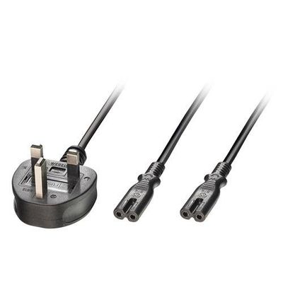 Lindy 2.5m UK 3 Pin Plug to 2 x IEC C7 Splitter Extension Cable. Black