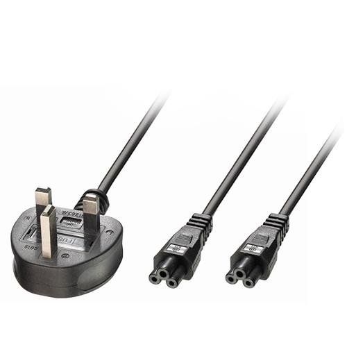 Lindy 2.5m UK 3 Pin Plug To IEC 2 x C5 Splitter Extension Cable. Black - Image 1