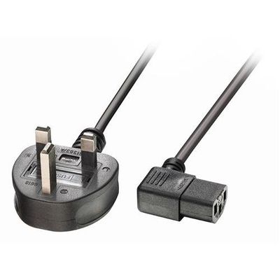 Lindy 1m UK 3 Pin Plug to Right Angled IEC C13 Mains Power Cable. Blac