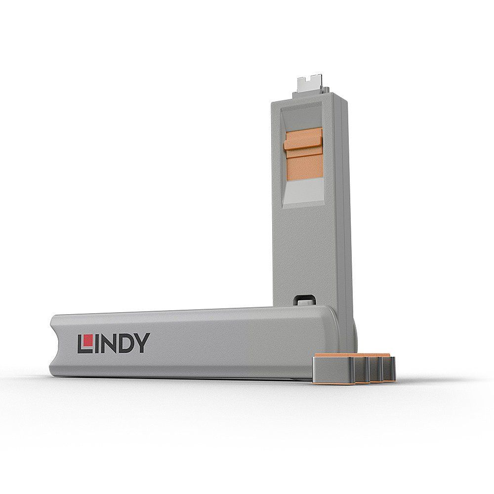 Lindy USB Type C Port Blocker Key - Pack of 4 Blockers, Orange - Image 1