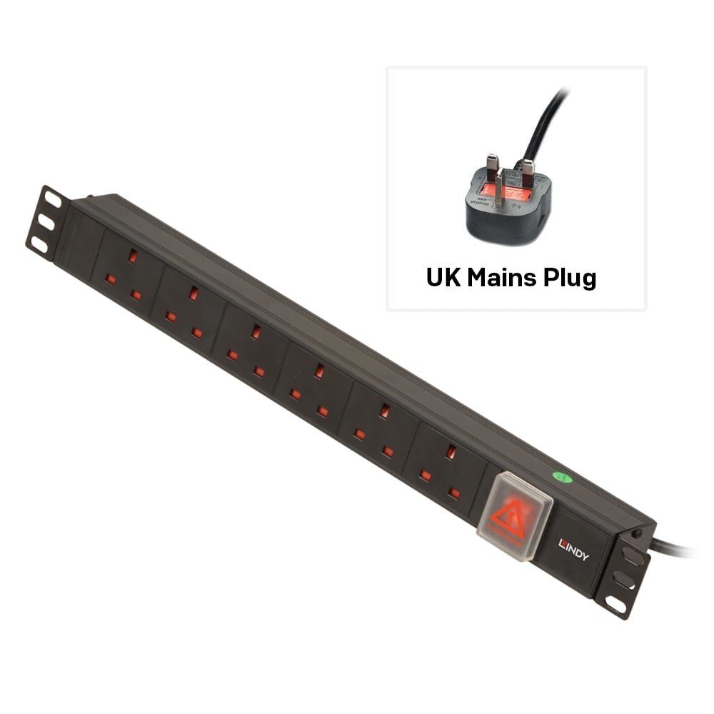 Lindy 1U 6 Way UK Sockets, Horizontal PDU with UK Plug - Image 1