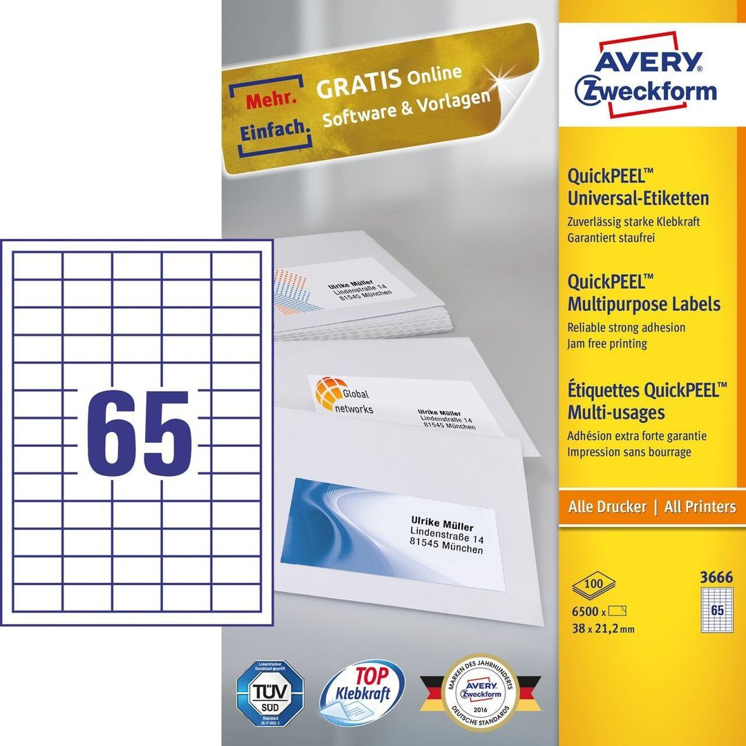Avery 3666 self-adhesive label Rectangle Permanent White 6500 pc(s) - Image 1