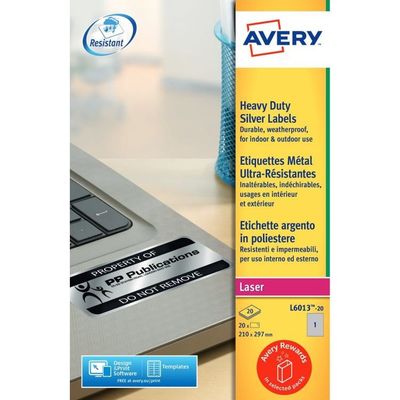 Avery Resistant Labels 210 X 297 Mm Permanent 1 Labels Per Sheet (20 Labels Per Pack) L6013-20.Uk
