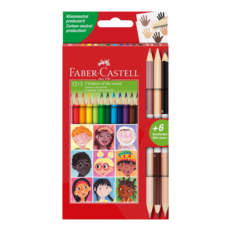 Faber-Castell Triangular Colour Pencil Set, 12 Colours + 3 Bi-Colour Skintone Pencils - Image 1