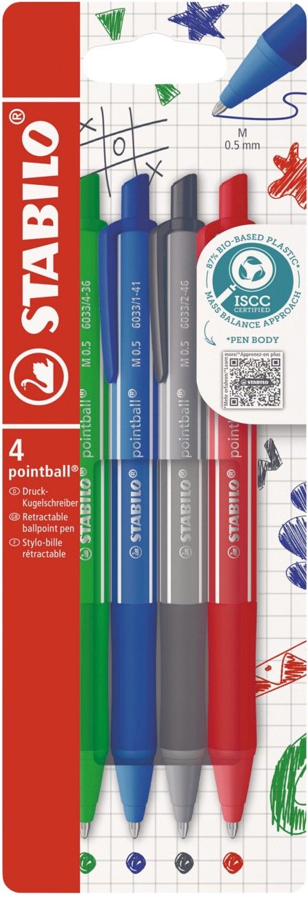 STABILO Pointball Colorful - Ballpoint Pen - Pack of 4 - Dark Grey, Mint Green, Rust Red and Ultramarine - Image 1